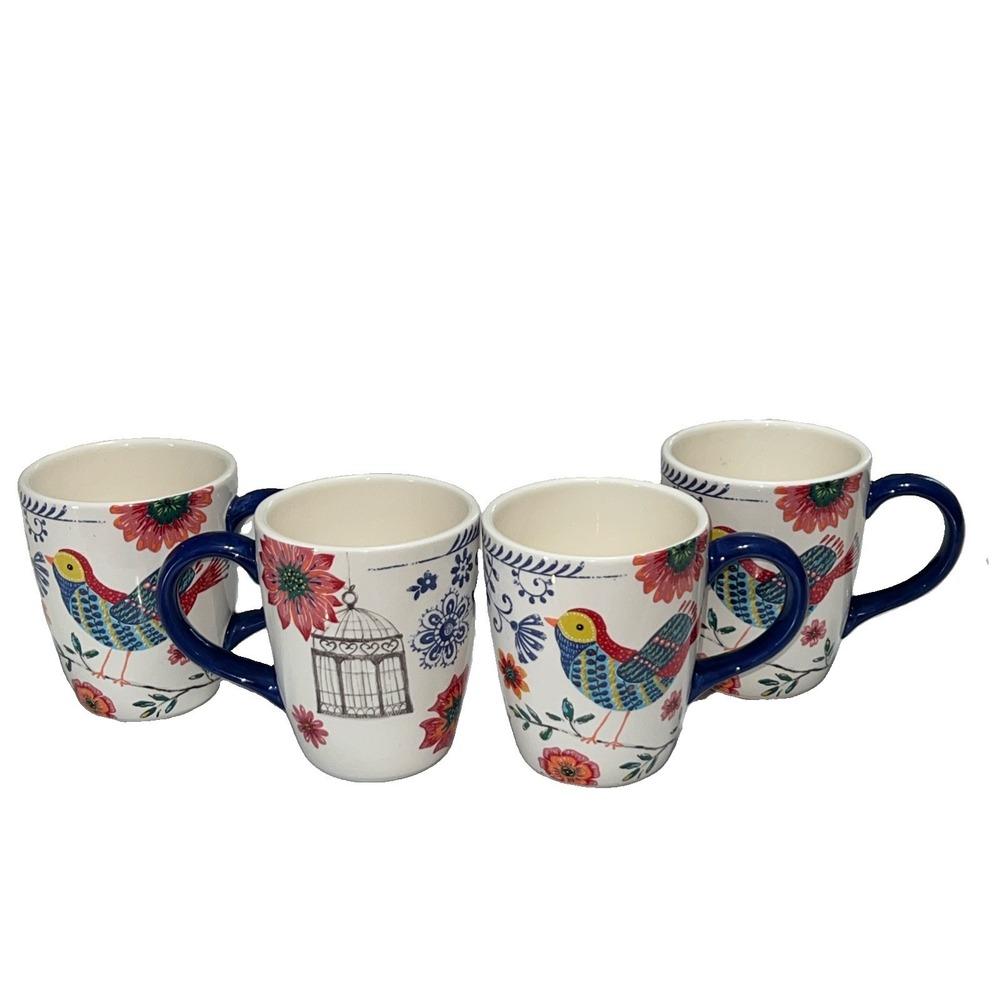 Pier 1 Imports Hand Painted Ironstone Bird Floral Mugs Set of 4 Colorful Cottage